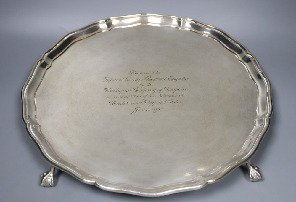 A George V silver salver, with later engraved inscription, London, 1934, 30.5cm, 27oz.